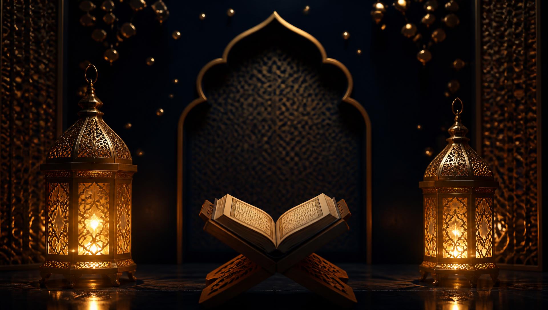 روشن قندیلوں کے درمیان رحل پر رکھی کھلی کتاب